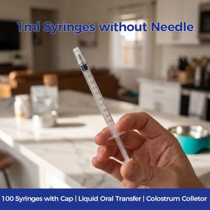 100 Pack 1ml Syringes with Cap, Oral Syringe No Needle for Colostrum & Pets
