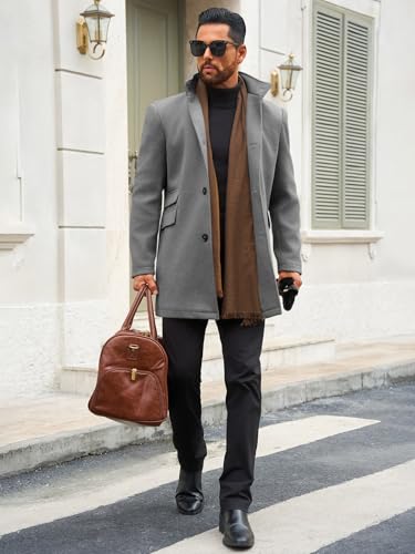 Runcati Mens Pea Coat Single Breasted Mid Long Trench Coat Overcoat | Slim Fit, Stand Collar, Fall Winter, Jacket, Pocket, Warm, Casual, Dress, Business, Christmas Gift - color: Gray, size: Large