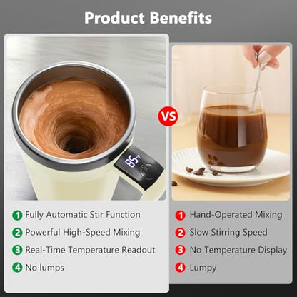 Self Stirring Coffee Mug with Temperature Display, 18 oz Rechargeable Self Stirring Mug with Lid, Automatic Self Stirring Cup with Stainless Steel for Coffee, Milk, Beverages, White - color: White