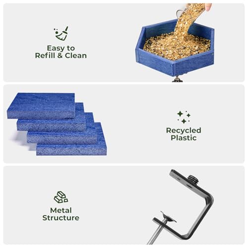 Kingsyard Clamp-On Deck Bird Feeder for Balcony Railings, No Drill - color: Blue