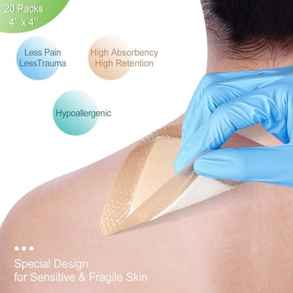 Silicone Super Absorbent Wound Dressing 4"x4", 20 Pack by NeuHeils | High Absorbency, Painless Removal, Waterproof for High Exudate Pressure Ulcers, Bed sores, Leg Ulcers, Surgical Wounds, Cuts - size: 4''x4'' (20 Packs)