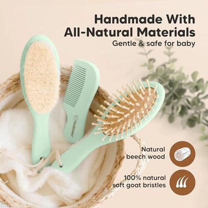 KeaBabies Wooden Baby Hair Brush Set for Newborns, Toddlers - Soft Goat Bristle Baby Brush and Comb Set Newborn Grooming Kit for Cradle Cap Care, Durable & Gentle, Boy, Girl Infant Essentials