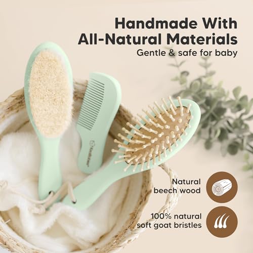 KeaBabies Baby Hair Brush and Comb Set and 4-Pack Muslin Swaddle Blankets for Boys, Girls - Wooden Kids Hairbrush with Soft Goat Bristle, Infant Blankets