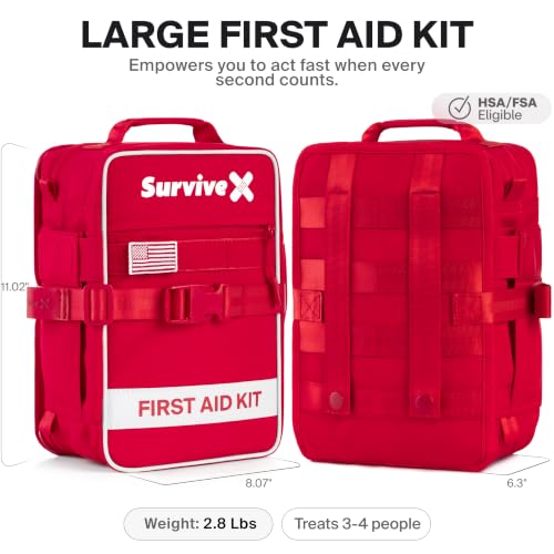 SurviveX Large First Aid Kit, Emergency Kit for 3-4 People, Pack of 2 | Labeled Pockets, Zip Stitch Wound Closures, Mountable, Quick Access, For Home, Car, Camping - size: Large (Pack of 2)