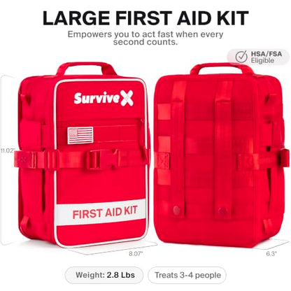 SurviveX Large First Aid Kit, Emergency Kit for 3-4 People, Pack of 2 | Labeled Pockets, Zip Stitch Wound Closures, Mountable, Quick Access, For Home, Car, Camping - size: Large (Pack of 2)