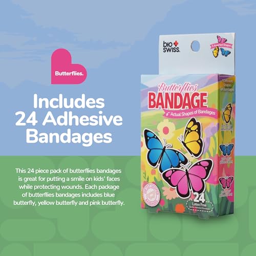 BioSwiss Bandages, Butterfly Shaped Self Adhesive Bandage Set, Latex Free, Sterile Wound Care, 24 Count - color: Butterflies, size: 24-Count Box