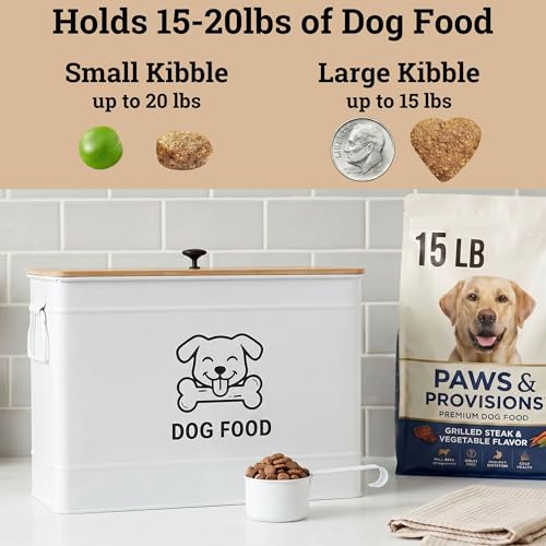 Metal Dog Food Container 15-20 lbs w/ Airtight Bamboo Lid, 70 Cup Capacity - color: White