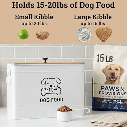 Metal Dog Food Container 15-20 lbs w/ Airtight Bamboo Lid, 70 Cup Capacity - color: White