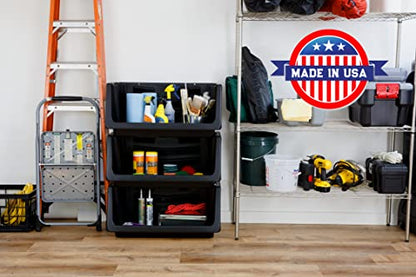 Mighty Tuff Heavy Duty Nesting Stack Bins, Pack of 3, Extra-Large Handles, Wide Front Opening, Interlocking, Stack Vertically, Holds Up to 100 Pounds, Black - size: Heavy Duty