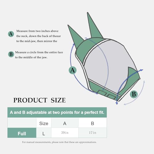 Fly Masks for Horses with Ears and NO Nose Cover - Comfortable Horse Fly mask with Ears for UV Protection & Sun Shield – Soft Lightweight- Breathable Horse mask (Green, (Full) Large)NO nose - style: No nose