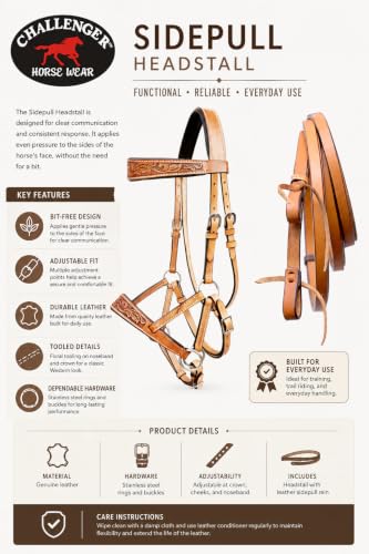 Horse Western Tan Leather Padded Bitless Training Sidepull Bridle Reins - color: Tan Antique Floral
