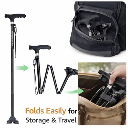 Folding Walking Cane for Seniors, Second Handle, Quad Base