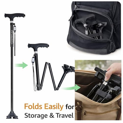 Folding Walking Cane for Seniors, Second Handle, Quad Base