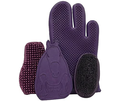 Grewal® Equestrian Grooming Bundle Kit - Comfy Pet Grooming & Bathing Glove - Oval Face Soft Bristles - Great for Thin & Sensitive Skin (Purple) - color: Purple