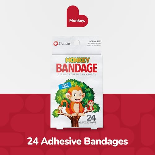 BioSwiss Bandages, Monkey Shaped Self Adhesive Bandage Set, Latex Free, Sterile Wound Care, 24 Count - size: 24-Count Box, style: Monkey