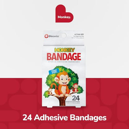 BioSwiss Bandages, Monkey Shaped Self Adhesive Bandage Set, Latex Free, Sterile Wound Care, 24 Count - size: 24-Count Box, style: Monkey