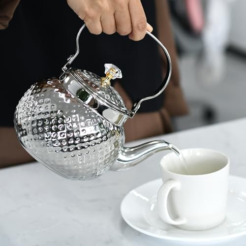 1.2L Hammered Tea Kettle Stovetop, Silver Tea Pot with Strainer for Stove - color: Silver-1.2L