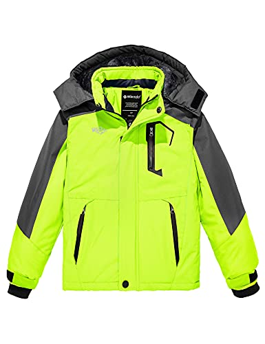 Wantdo Boy's Waterproof Ski Jacket Fleece Snowboarding Jackets Warm Thick Winter Coat Hooded Raincoats - color: Fluorescent Green, size: 10-12