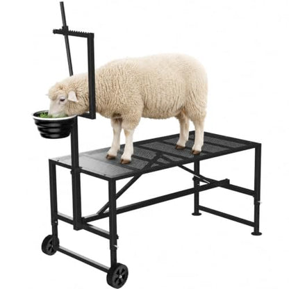 Goat Milking Stand with Wheels and Feed Bin Heavy Duty Steel Black - color: Black, size: With Wheels-47*23Inch