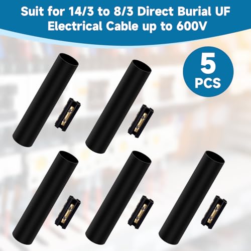 Underground Wire Splice Kit Suit for 14/3 to 8/3 Direct Burial UF Electrical Cable - 600V Max with Heat Shrink Tube and Connector, 5 Set