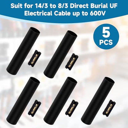 Underground Wire Splice Kit Suit for 14/3 to 8/3 Direct Burial UF Electrical Cable - 600V Max with Heat Shrink Tube and Connector, 5 Set