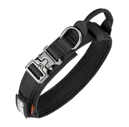 EXCELLENT ELITE SPANKER Tactical Nylon Dog Collar Military Metal Buckle | Adjustable Training Padded Durable Dog Collar Heavy Duty with Control Handle & Patches for Medium and Large Dogs Easy Wear - color: Black, size: M-(14''-18")