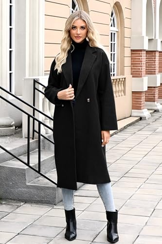 SAUKOLE Womens Winter Pea Coat Notch Lapel Double Breasted Wool Blend Oversized Overcoat with Pockets - color: 12#black, size: Small