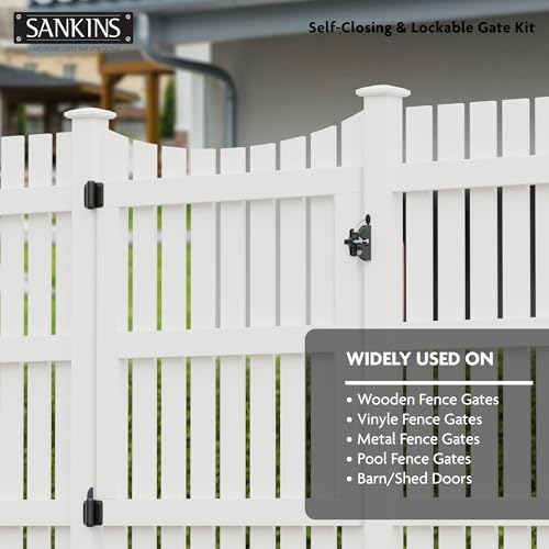 Self-Closing Gate Hinges and Key Lockable Gate Latch Kit, Fence Gate Hardware Kit for Wooden Fence, Pool Safety Fence Adjustable Hinges and Double-Sided Latches Hardware for Metal, Woode