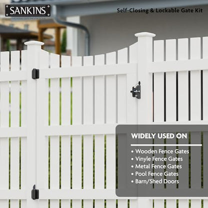 Self-Closing Gate Hinges and Key Lockable Gate Latch Kit, Fence Gate Hardware Kit for Wooden Fence, Pool Safety Fence Adjustable Hinges and Double-Sided Latches Hardware for Metal, Woode