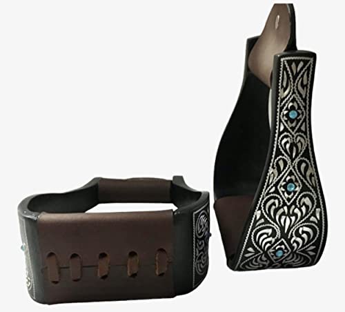 Majestic Ally Western Horse Aluminum Black Engraved Stirrups- Adults - style: Silver Black with Crystal