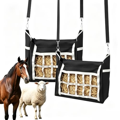 2 Pack Slow Feed Horse Hay Bag, Heavy Duty Waterproof Oxford Hay Feeder Bag with 3.6" Slow Feed Holes, Hanging Hay Net for Stall, Fence, Trailer, Fit Horse Sheep Goat Cattle Donkey