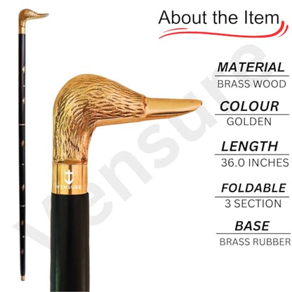 Vintage Antique Walking Cane Black Wooden Walking Stick with Golden Brass Designer Duck Handle Wooden Walking Cane for Men & Women, Fancy Canes, Ideal Gift