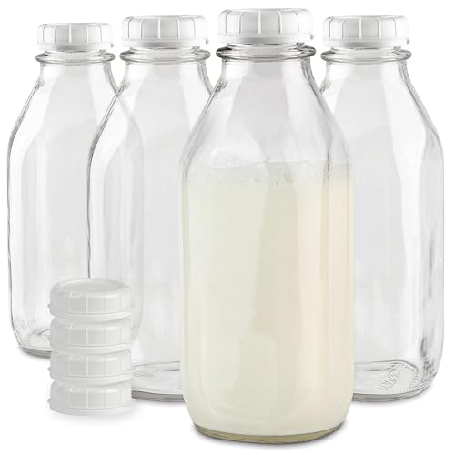 Stock Your Home Liter Glass Milk Bottle with Lid (4 Pack) 32 Oz Jugs and 8 White Caps, Reusable Food Grade Container for Refrigerator, Juice, Oat or Plant Milks, Water, Honey - size: 32oz, style: 4 Pack