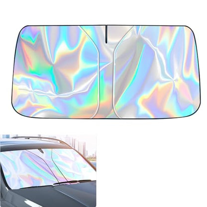 Windshield Sun Shade with Storage Pouch Keep Interior Cool, Foldable Laser Titanium Silver Front Window Shield Blocker Screen Visor Protector Cover Universal Fit for Car Truck SUVs (S) - size: S(55.1 * 27.5 inch)