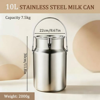 304 Stainless Steel Drink Dispenser, 2.6 Gal Portable Sealed Storage Container with Locking Clamp for Food, Milk, Oil, Grains, and Home Milk Can 10L Jug - size: 10L