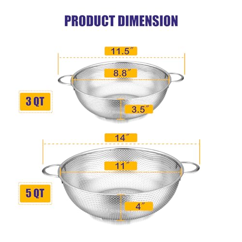 E-far 3QT & 5QT Colander Set of 2, Stainless Steel Micro-Perforated Colander Strainer with Handle for Kitchen/Draining Pasta/Rinsing Vegetables Fruits, Heavy Duty Metal & Dishwasher Safe - size: 3 + 5 QT