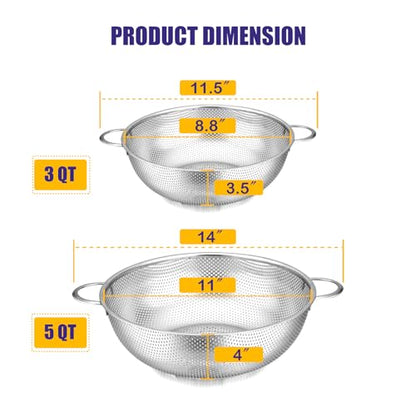 E-far 3QT & 5QT Colander Set of 2, Stainless Steel Micro-Perforated Colander Strainer with Handle for Kitchen/Draining Pasta/Rinsing Vegetables Fruits, Heavy Duty Metal & Dishwasher Safe - size: 3 + 5 QT