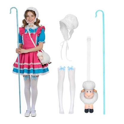 Adult Shepherdess Costume Set with Bonnet White Stockings With Blue Bow Plush Sheep Bag Shepherd's Crook (Bonnet+Stockings+Sheep Bag+Sheephook)