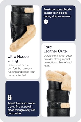 Equinavia Vali Ultra Fleece Brushing Boots | Faux Leather Outer | Luxurious Ultra Fleece Lining Splint Boots - Black/Natural - XL - color: Black, size: X-Large