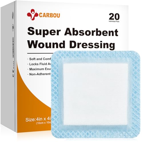 Carbou 4" x 4" Super Absorbent Wound Dressing, 20 Pack, Non-Adhesive Pads - size: 4"x 4"(Pack of 20)