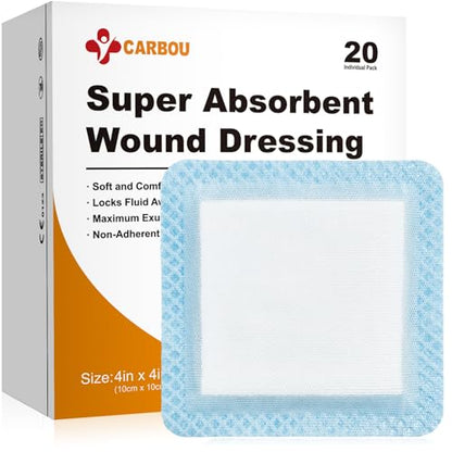 Carbou 4" x 4" Super Absorbent Wound Dressing, 20 Pack, Non-Adhesive Pads - size: 4"x 4"(Pack of 20)