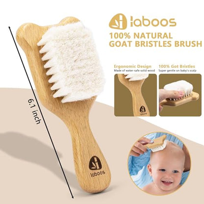 Baby Hair Brush and Comb Set for Newborns & Toddlers - Wooden Handle and Natural Soft Goat Bristles,Gentle Cradle Cap Care,Baby Massage and Scalp Brush,Ideal Baby Registry Gift,Beech with Cute Bear