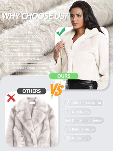 Women's Cropped Faux Fur Jacket with Hidden Pockets and Buttons Plush Shawl Collar Cardigan Sexy Coat - color: White, size: Small