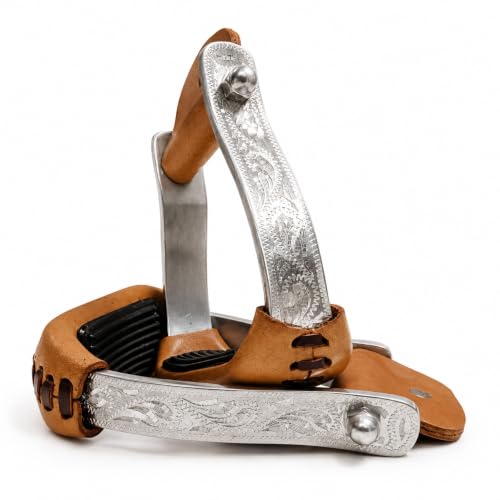Engraved Western Horse Saddle Aluminum Stirrups Tread Padded & Leather Cover Roller Neck