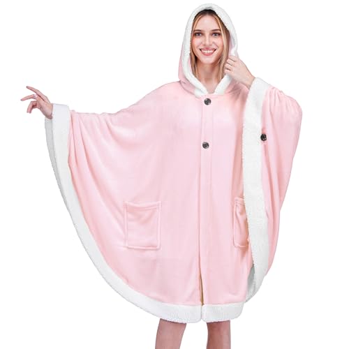 PAVILIA Hooded Blanket Poncho for Women, Fleece Wearable Shawl Wrap, Pink | Fleece Shawl Wrap with Hood, Adult Wearable Blanket, Cozy Warm Poncho Cape Throw with Pockets, Gift for Elderly Mom - color: Pink