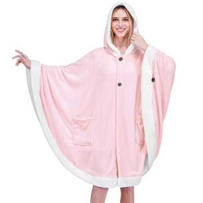 PAVILIA Hooded Blanket Poncho for Women, Fleece Wearable Shawl Wrap, Pink | Fleece Shawl Wrap with Hood, Adult Wearable Blanket, Cozy Warm Poncho Cape Throw with Pockets, Gift for Elderly Mom - color: Pink