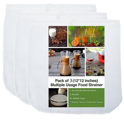 3 Pack - Ultra Fine Nut Milk Bag, 12X12 Inches, 80 Micron, Multiple Usage Reusable Food Strainer, Cold Brew Coffee Bag, Food Grade Nylon Mesh, BPA-Free, Cheesecloth Bag, Yogurt Strainer, Juice Filter
