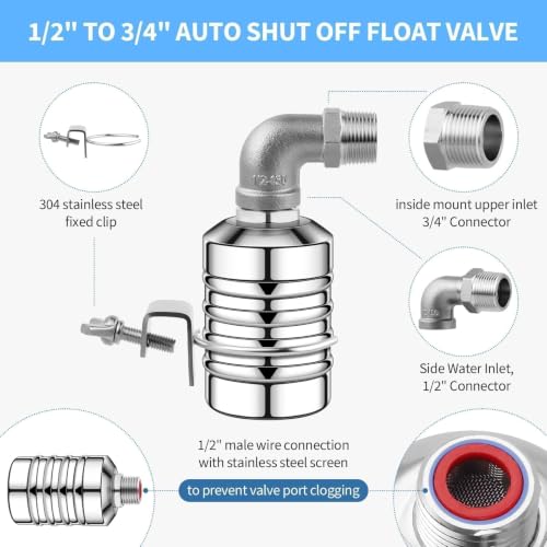 2Pcs Aquapulse Water Float Valve, Stainless Steel 1/2inch to 3/4inch Automatic Water Shut Off Float Valves for Garden Hose, Stock Tank, Water Tanks, Livestock Troughs, Pool, Water Trough