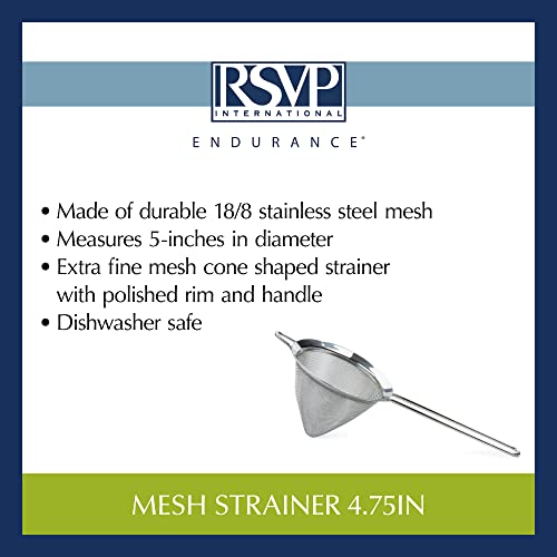 RSVP International Endurance Kitchen Collection, Stainless Steel Fine Mesh Conical Sieve/Colander, Multi-Purpose for Cooking, Baking, Loose Leaf Tea, Bar Strainer Cocktails, 4.75-Inch - size: 4.75-Inch