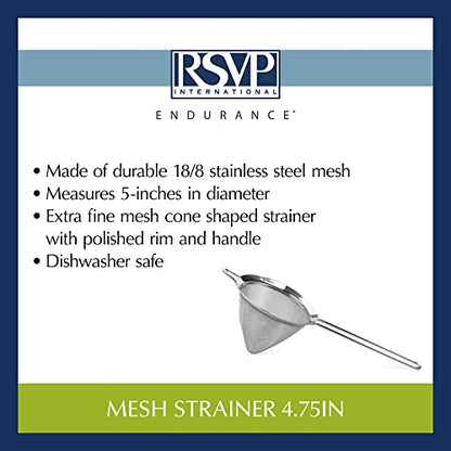 RSVP International Endurance Kitchen Collection, Stainless Steel Fine Mesh Conical Sieve/Colander, Multi-Purpose for Cooking, Baking, Loose Leaf Tea, Bar Strainer Cocktails, 4.75-Inch - size: 4.75-Inch